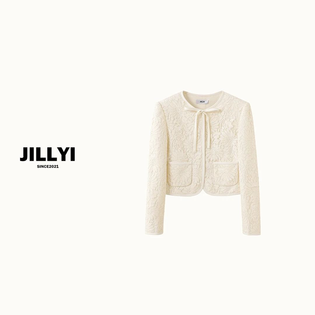 JILLYI【雾白浅夏】杏色圆领领口绑带蝴蝶结蕾丝拼接轻奢重工短外套