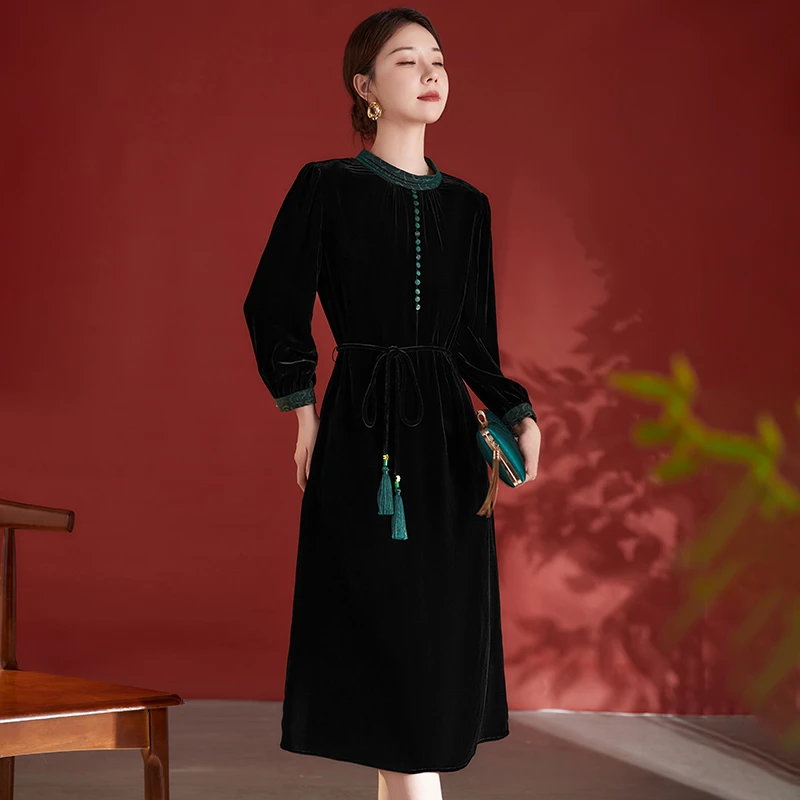 水墨佳人秋季新款真丝丝绒气质轻奢女装连衣裙82498552