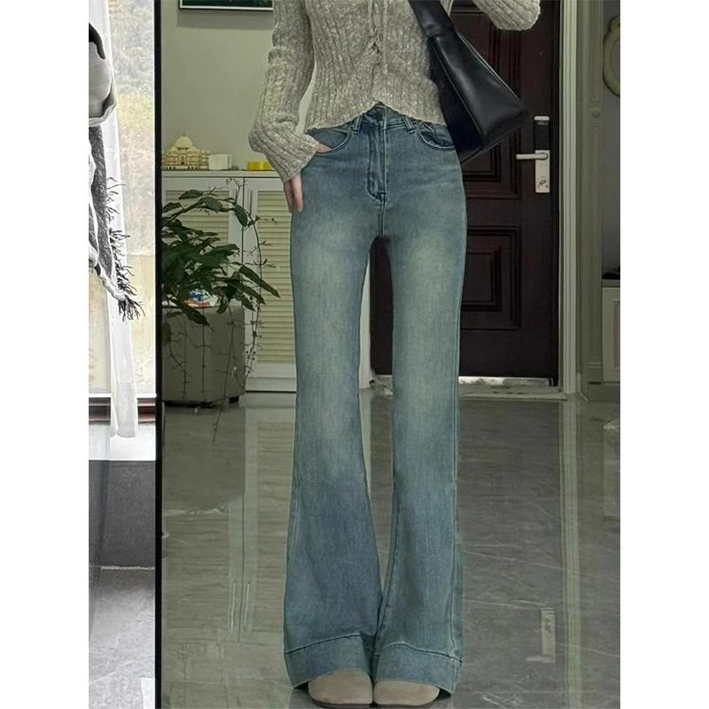 美式复古弹力微喇牛仔裤女春季新款胖mm大码梨形身材高腰喇叭裤子