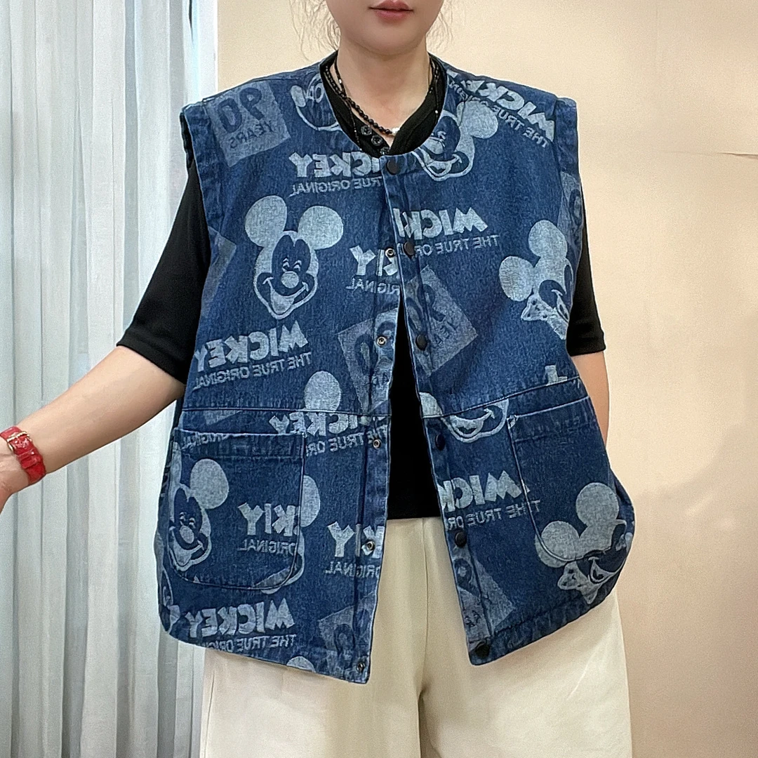 973欧货爆款米奇织花牛仔双面穿圆领棉马甲女