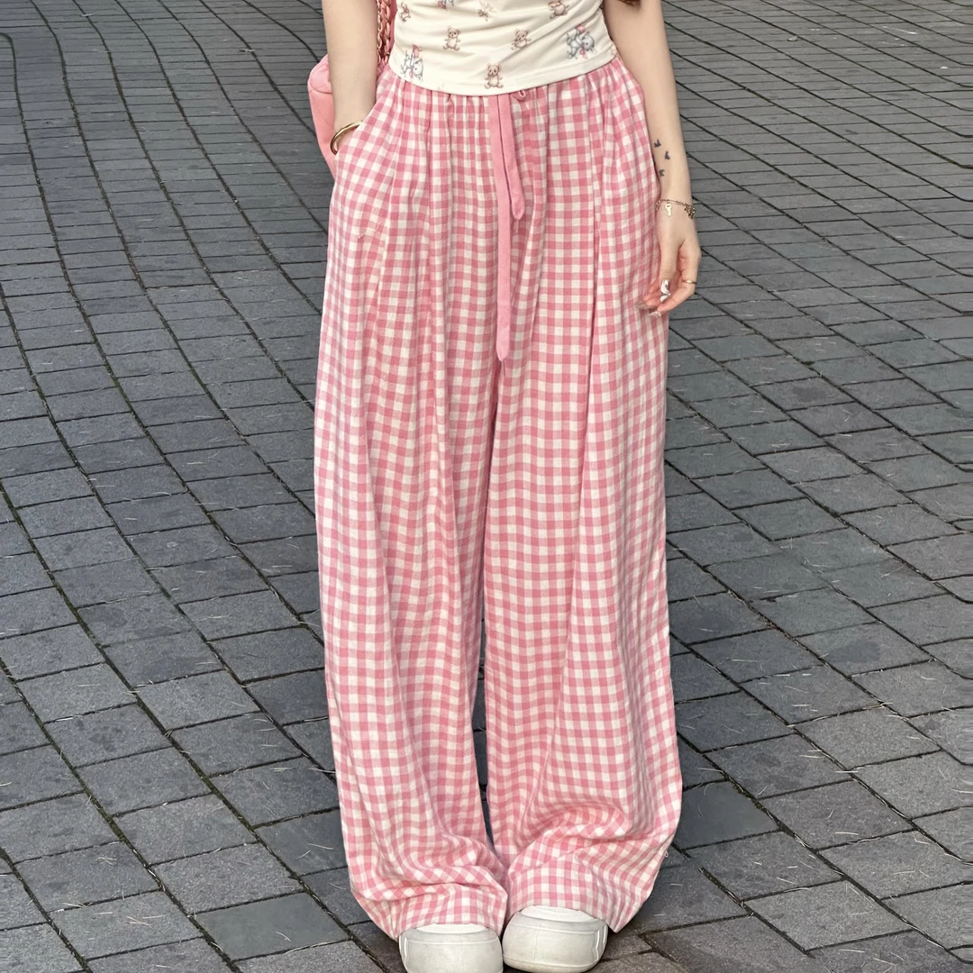 【秀宝女装】显瘦直筒高腰夏季宽松格子休闲裤SP10740