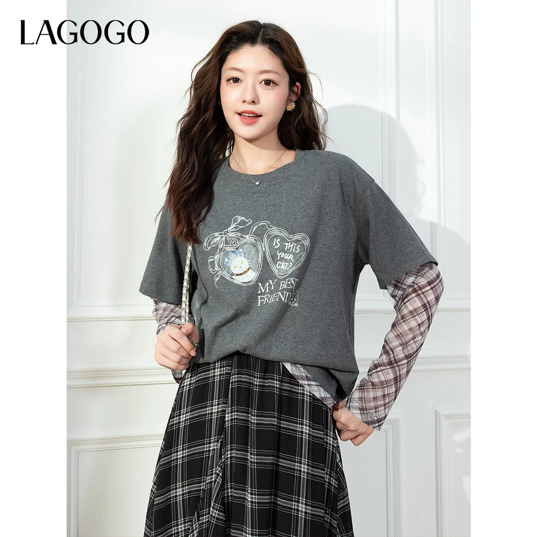 【芋总专属】lagogo2025年新款假两件拼接时髦个性T恤女OCTT517WJ2