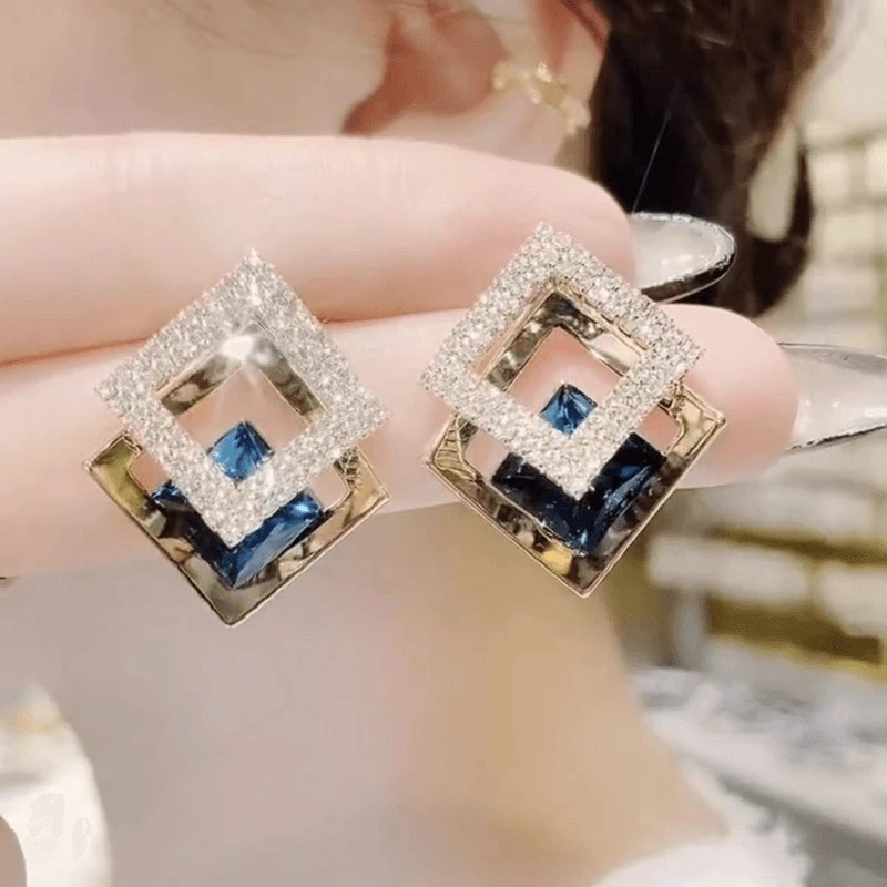 铜合金耳饰 时尚高级感几何菱形耳环银针蓝色满钻气质轻奢耳钉