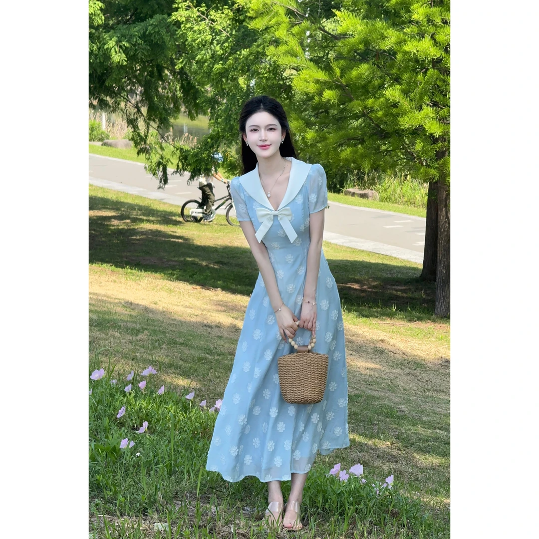 LILI李李家【夏天の风】法式田园度假风长裙夏季蓝色连衣裙XMZH7487