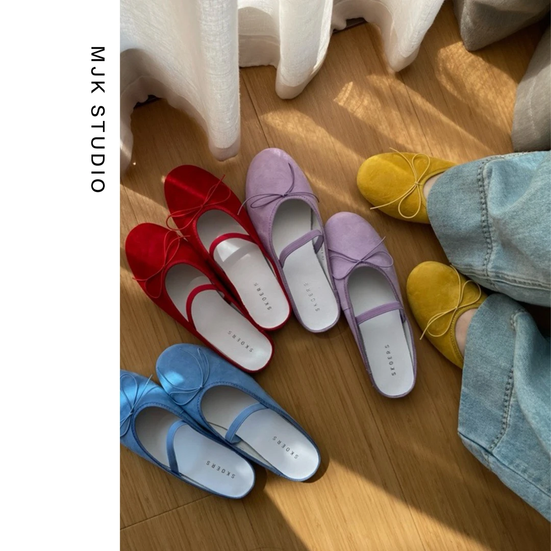 小羊皮蝴蝶结裸色粗跟单鞋 低跟芭蕾舞鞋半拖鞋包头拖鞋