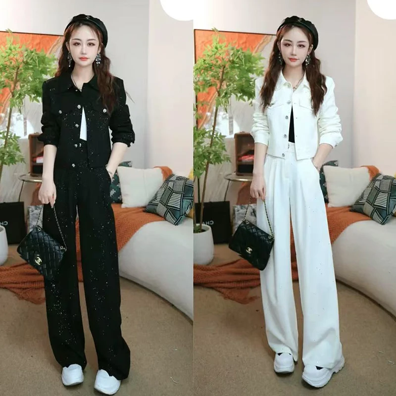2025早秋新款时尚洋气显瘦亮片短款外套高腰阔腿裤减龄两件套