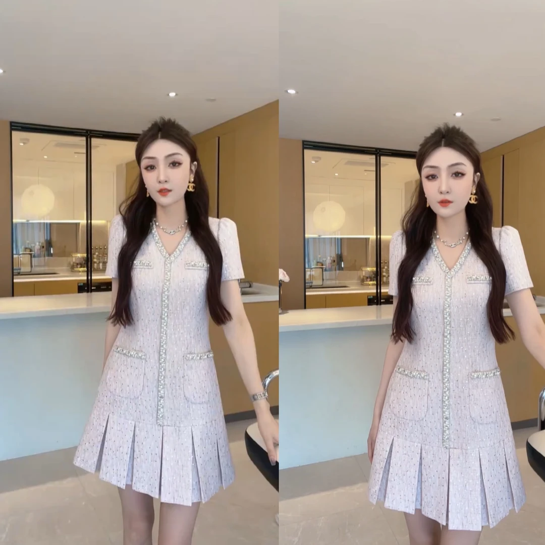 M9A86089  夏季新款百搭短袖时尚气质高腰法式名媛修身连衣裙