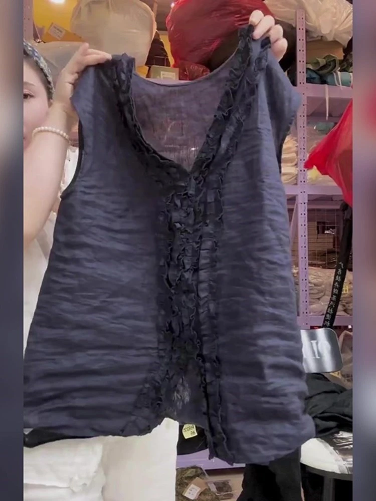 藏蓝色修身百搭超好看气质木耳边无袖上衣2025年夏季潮流爆款欧货