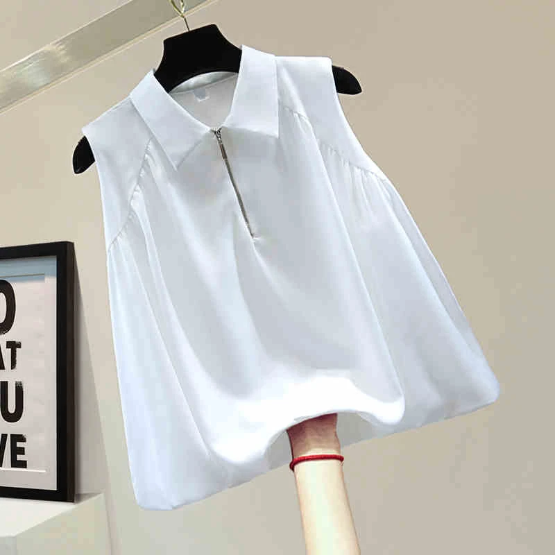 无袖拉链套头衬衫2025夏季韩版宽松显瘦纯色休闲双层花苞女士衬衣