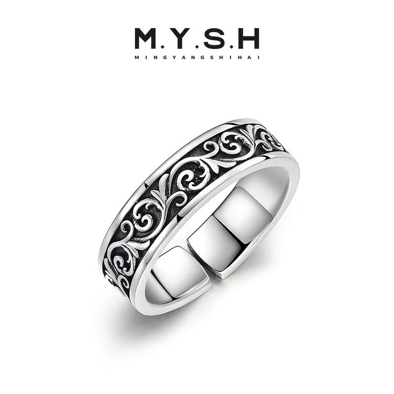 足银大理石戒指 纯银卷草纹戒指男士覆古简约潮流百搭个性小众设