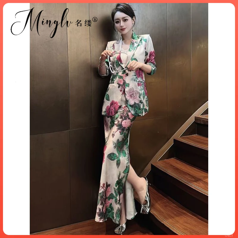优雅气场名媛轻熟风强大套装职场包臀通勤干练印花半裙原版西服