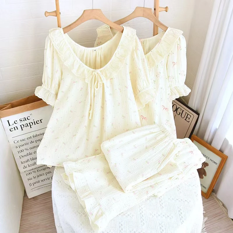 全棉双层纱布棉纱睡衣韩系甜美蕾丝短袖长裤女家居服套装