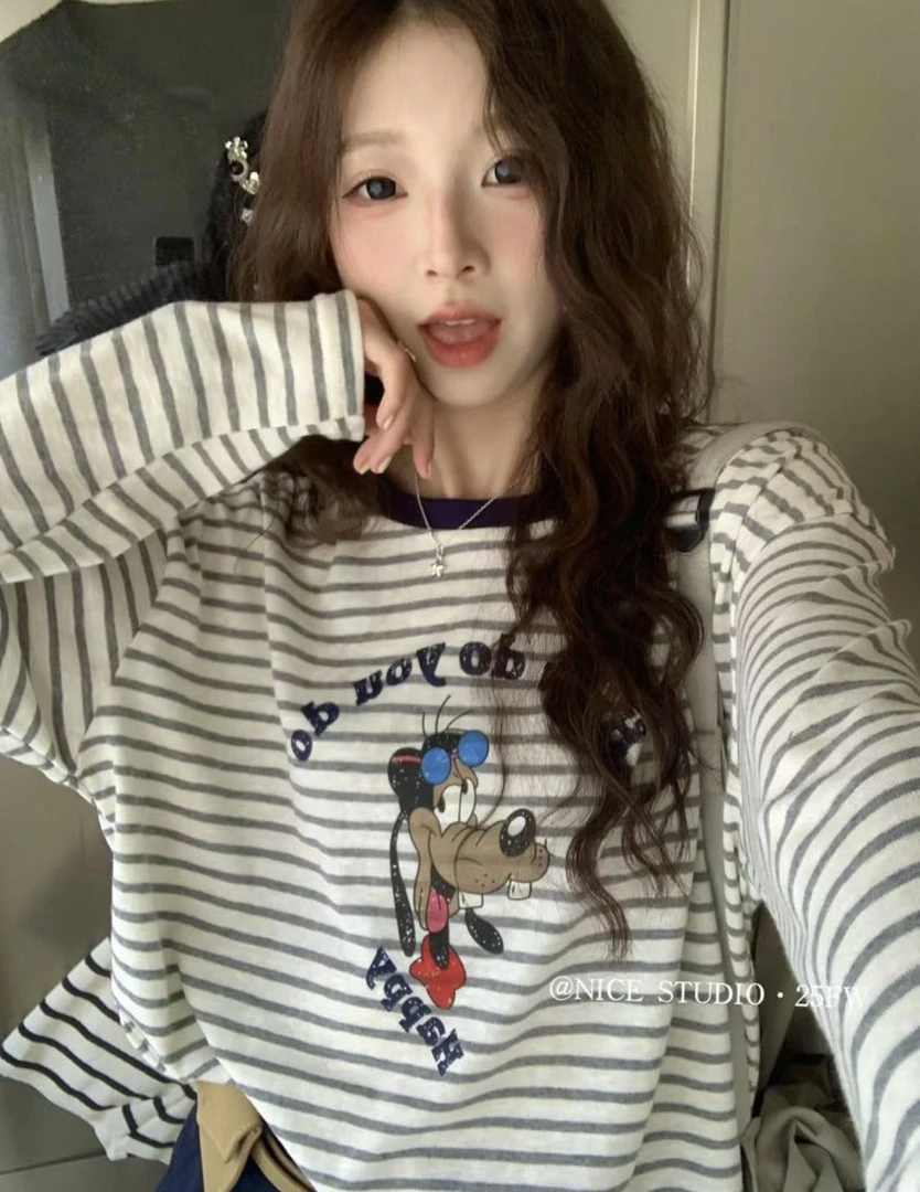 初秋条纹显瘦休闲卡通慵懒百搭时尚女条纹衫