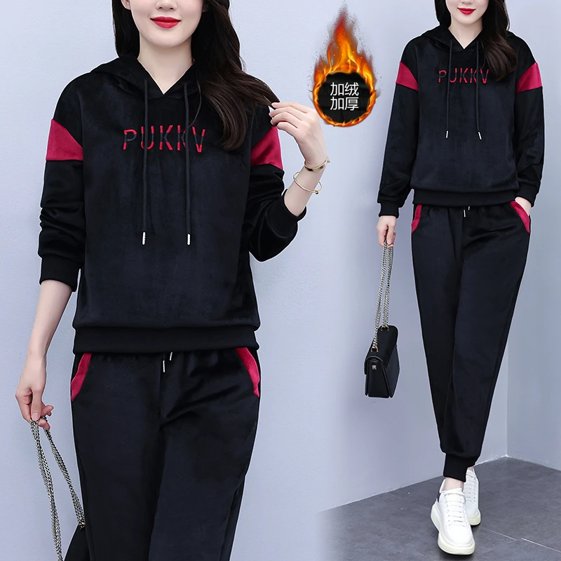 NSY 冬季加绒加厚大码女装2025休闲套装女爆款宽松时尚绣花两件套