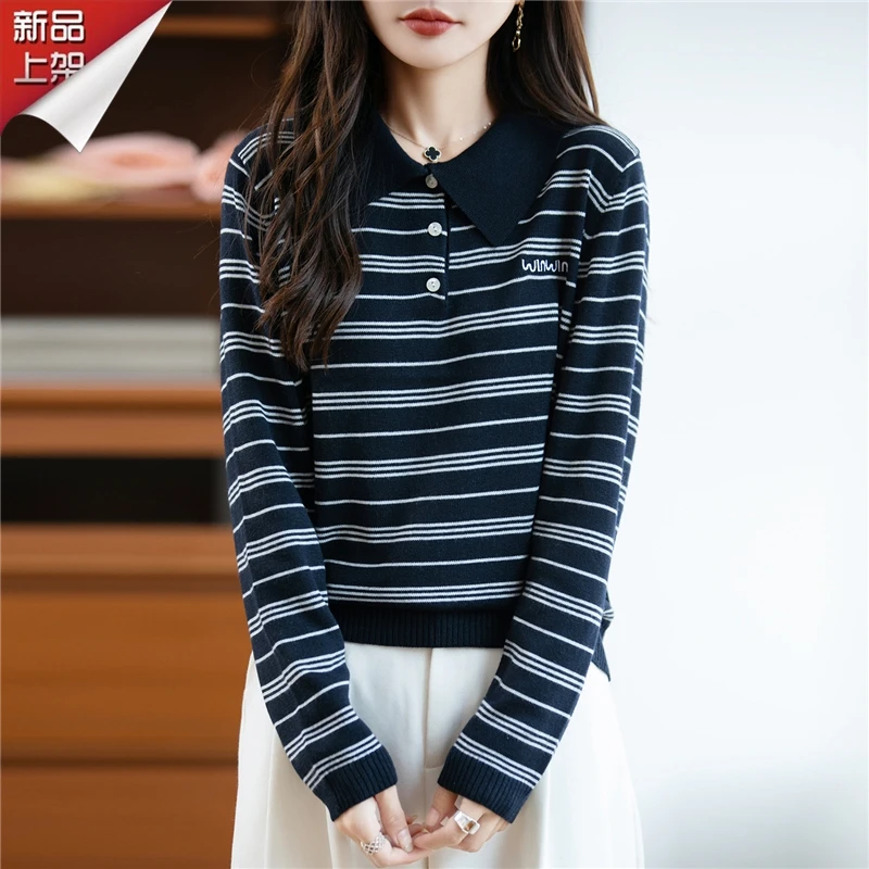 哥弟阿玛施正品春秋新款长袖毛针织衫翻领条纹打底衫温婉风上衣服