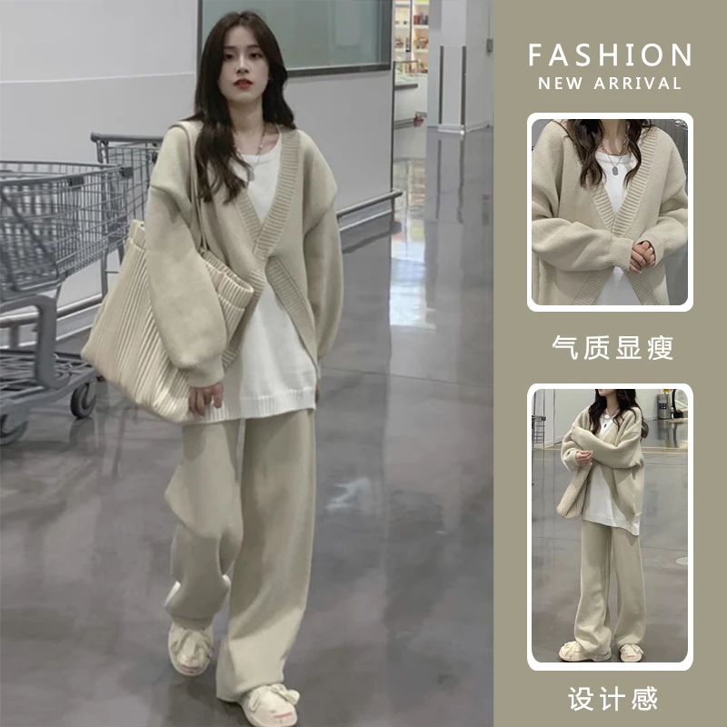 时髦孕妇装慵懒风针织假两件上衣时尚阔腿裤套装春秋显瘦孕妇套装