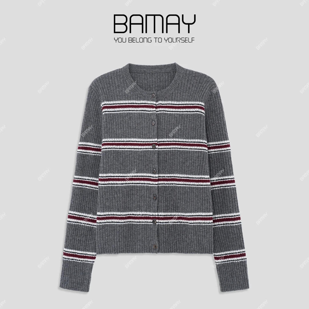 【BAMAY】韩版长袖针织上衣休闲慵懒百搭开衫条纹XH244MY1Z