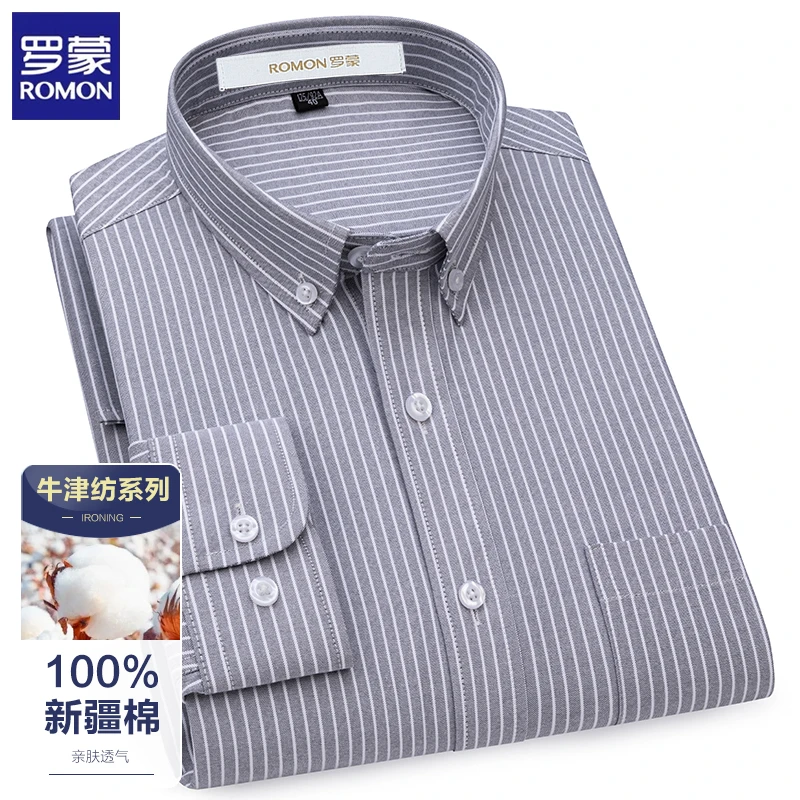 罗蒙男士长袖纯棉灰色条纹衬衫外套牛津纺时尚潮流休闲衬衣男款式