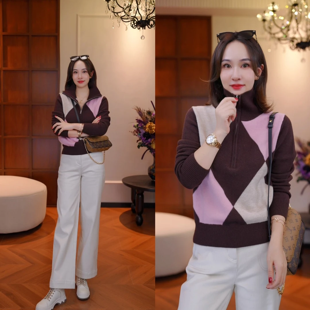 JDND轩羽【撞色半高领】100%羊毛拼色拉链方块针织小衫XY25559