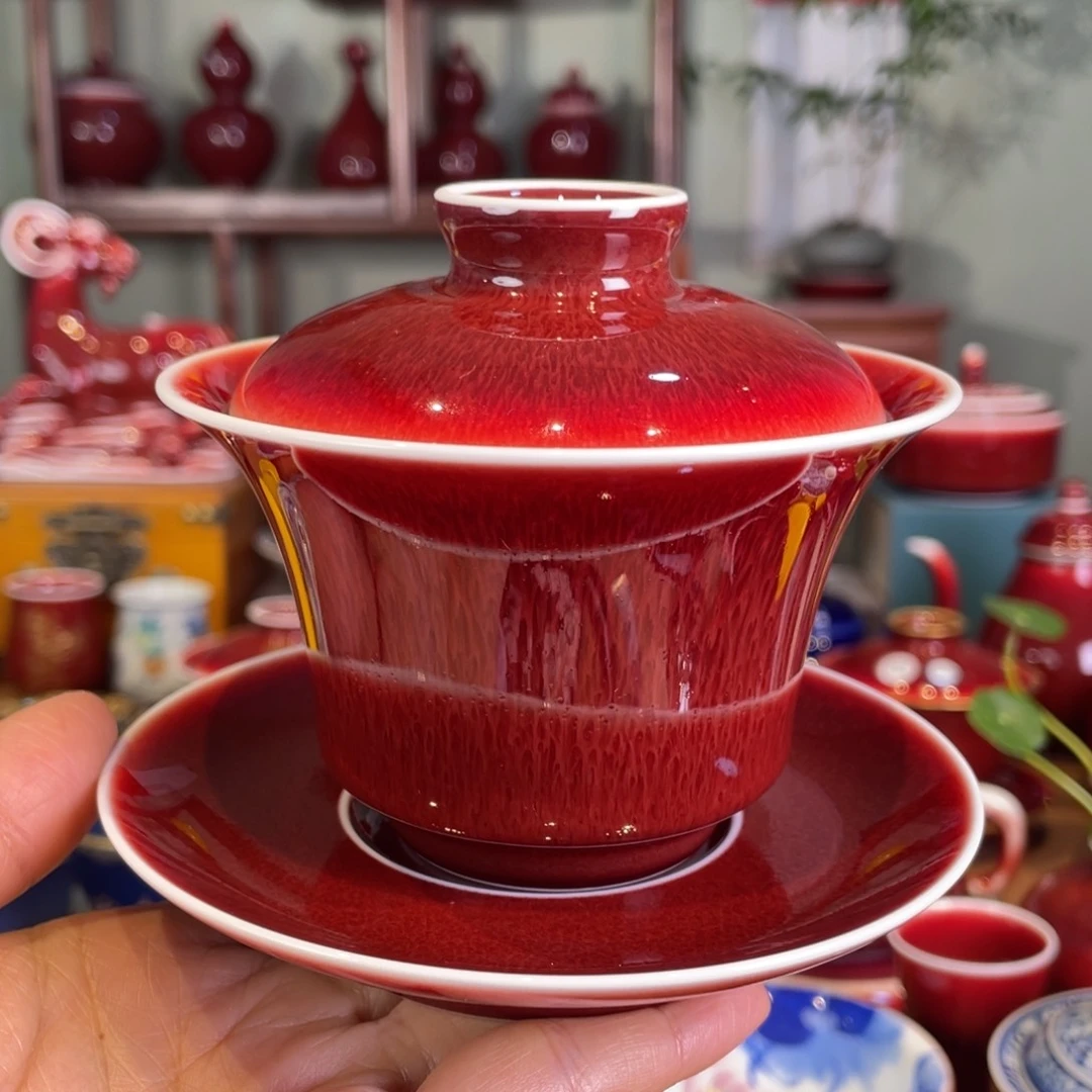 清欢雅玩原矿郎红马蹄盖碗