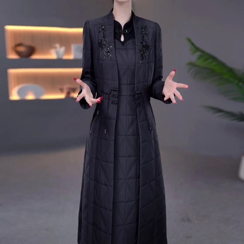蓄热棉两件套连衣裙2025冬季新款时尚显瘦新中式加厚外套气质套装