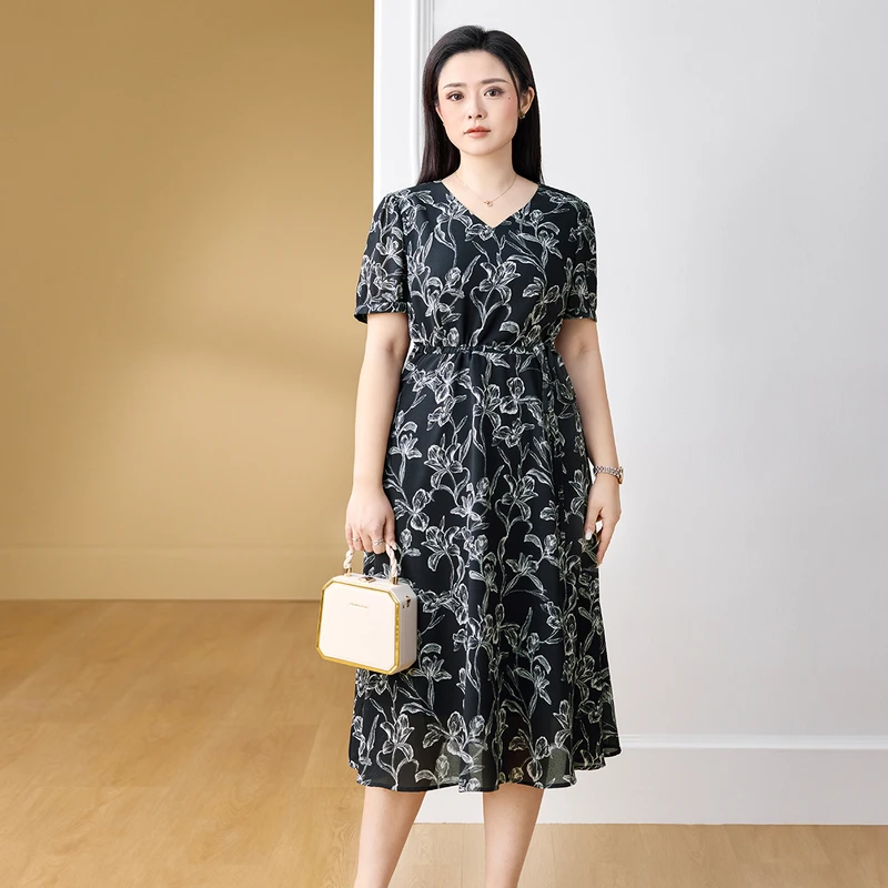 18203大码女装2025夏装新款法式印花收腰连衣裙胖mm百搭通勤A字裙