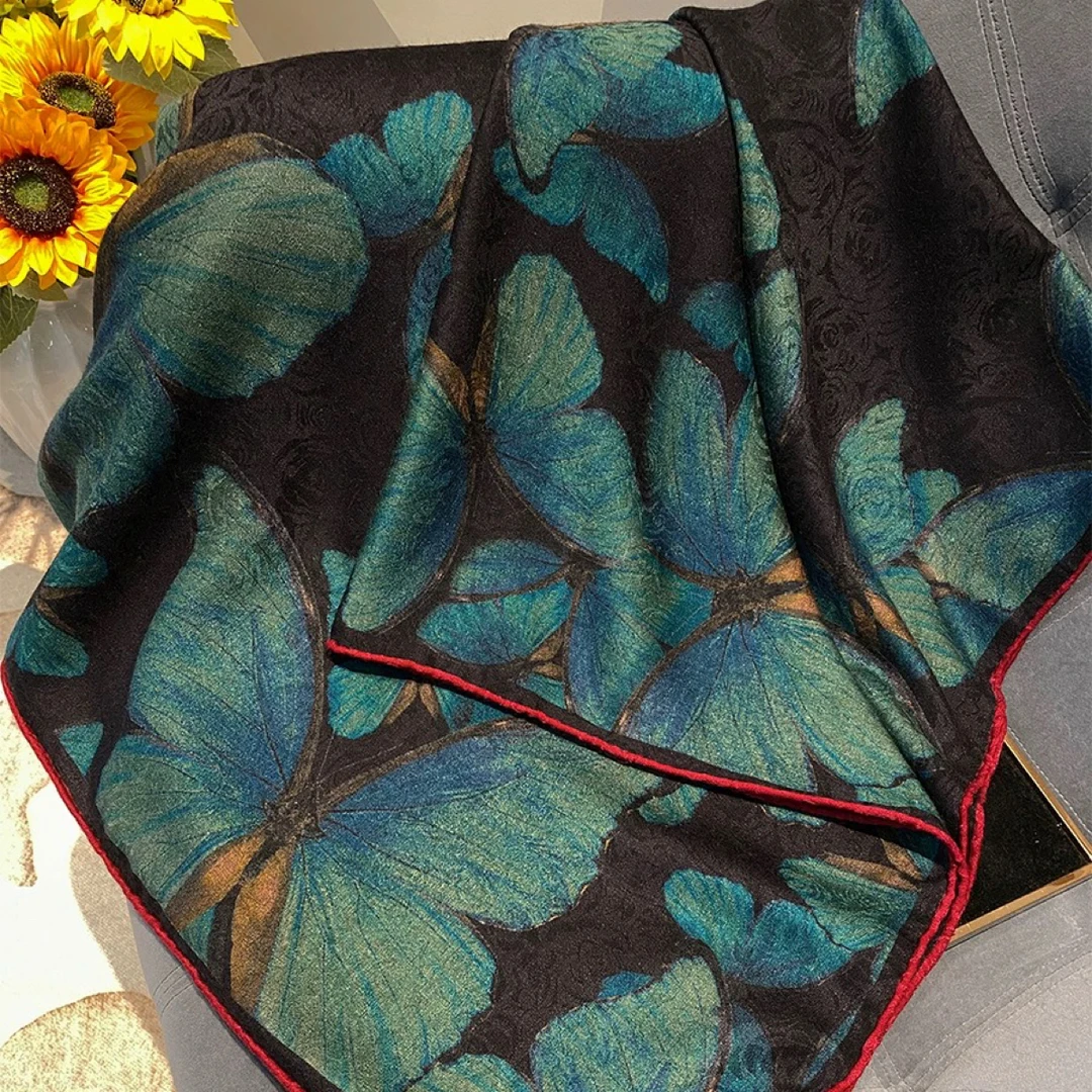 丝纡---   【青蓝蝶梦】双面桑蚕丝羊毛围巾秋冬高端送礼方巾135cm