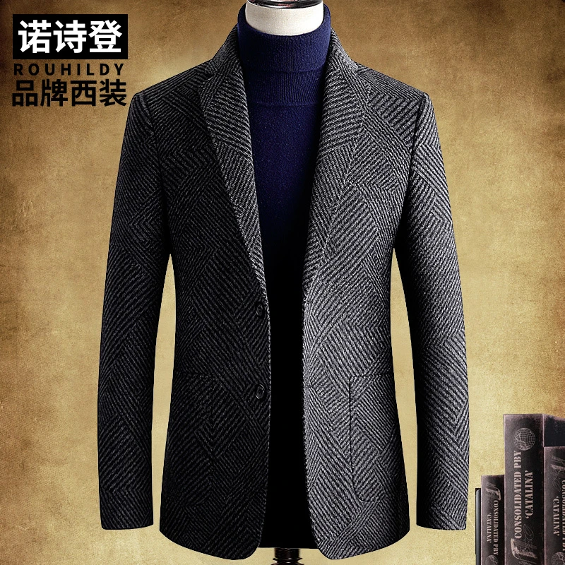 男士休闲西装复古时尚羊毛条纹修身西服2025年秋冬季厚款毛呢外套