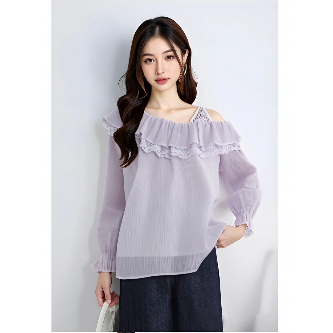 parkyeon韩系休闲紫色宽松一字肩漏肩蕾丝边长袖衬衫长裤子两件套