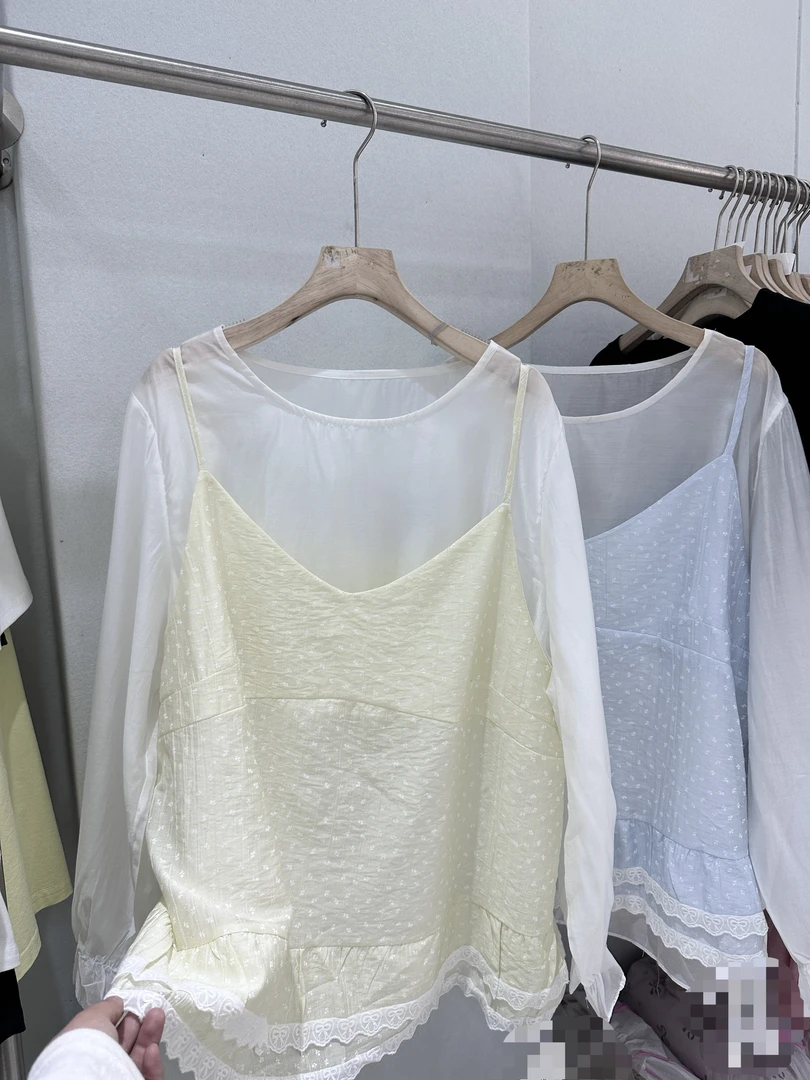 【李姑娘专属】05152韩系甜美下摆蕾丝边吊带防晒衬衣两件套