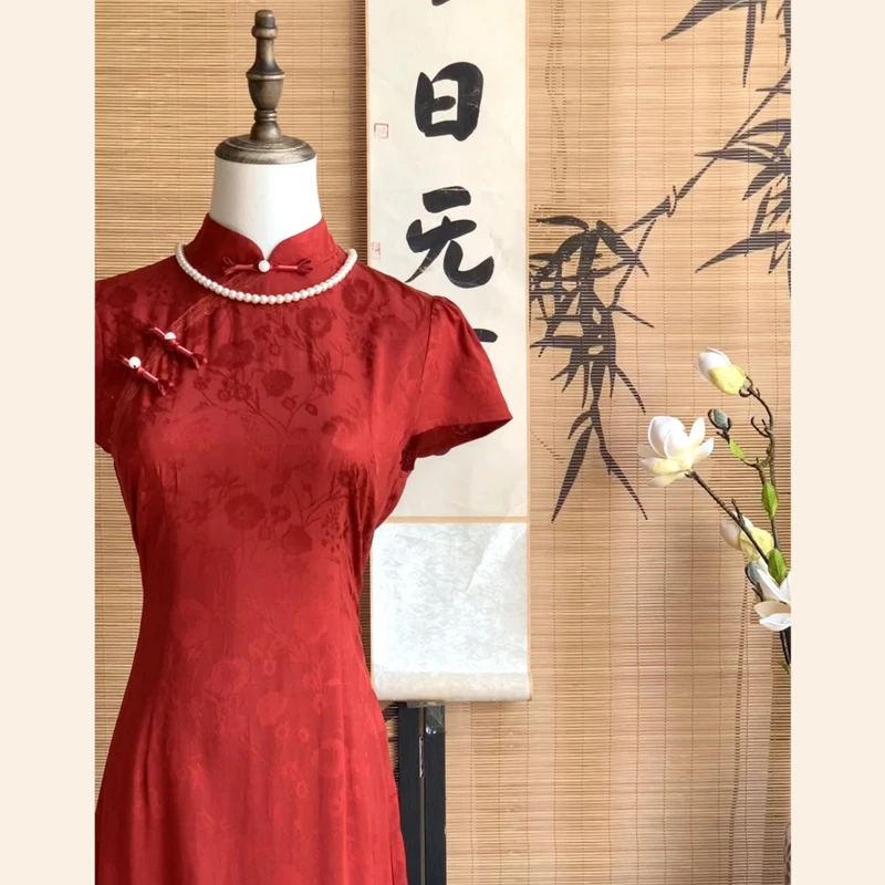 【暖茵】新中式红色改良旗袍气质修身复古国风连衣裙假两件长款夏