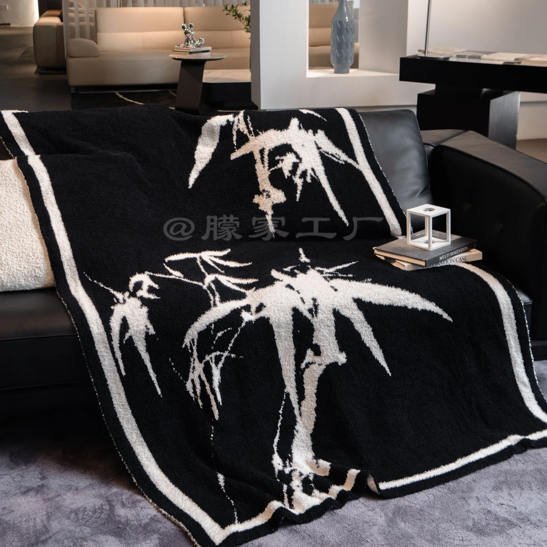 国风【设计师款】竹子沙发针织盖毯半边绒午休绒毯装饰软绵绵绒毯