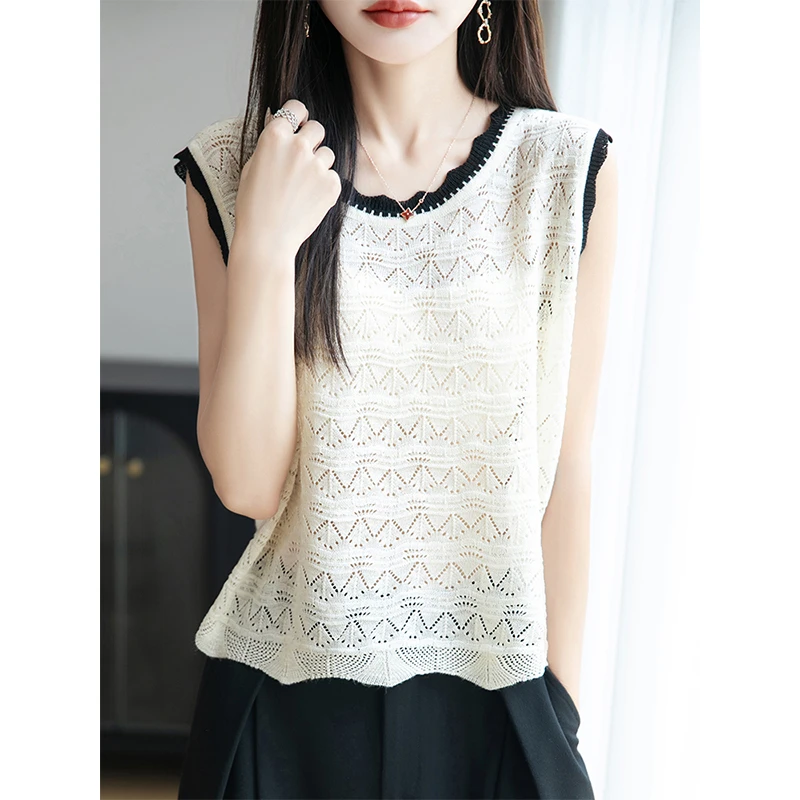 时尚设计感撞色镂空花边领针织衫女2025夏季新款气质无袖背心上衣