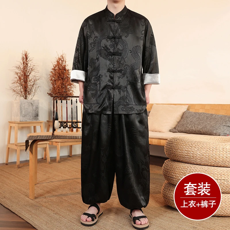 新中式盘扣暗花龙纹冰丝衬衫2025夏季新款大码宽松萝卜裤唐装套装