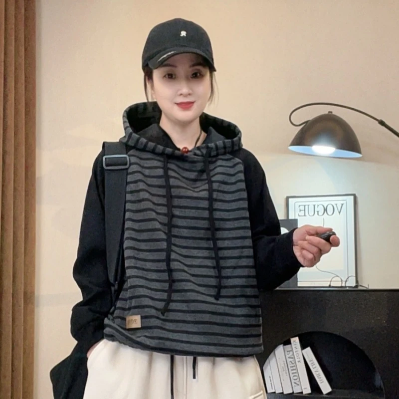 9002#休闲百搭秋冬加厚加绒宽松拼接时尚条纹显瘦连帽卫衣