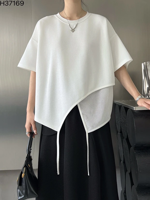 短袖宽松排汗抗起球不规则不对称常规款T恤夏季简约开叉