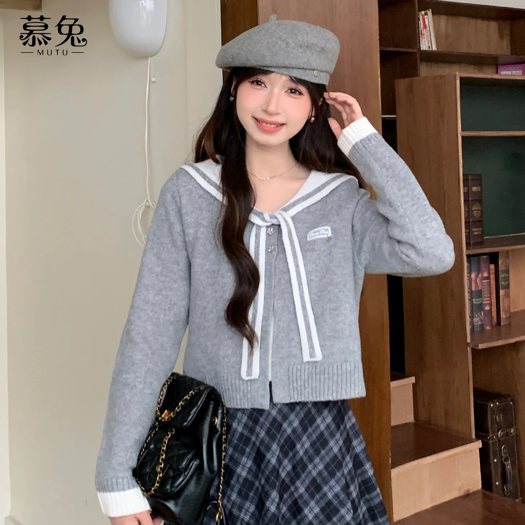 慕兔法式休闲百搭海军领长袖针织衫女2025秋季新款假两件显瘦上衣
