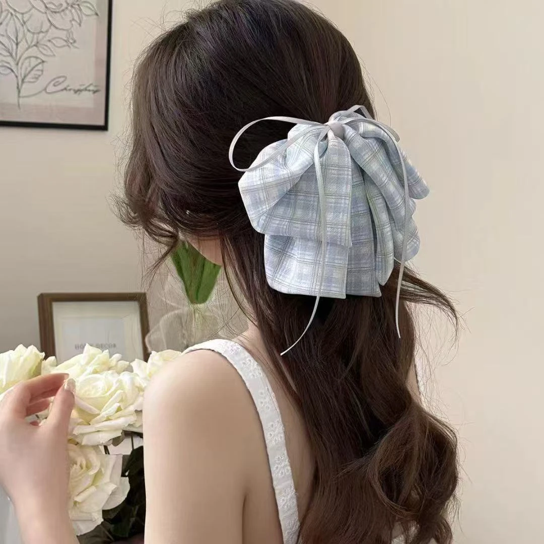 甜美格子蝴蝶结丝带马尾夹轻奢高级感新款发卡抓夹后脑勺时尚发夹