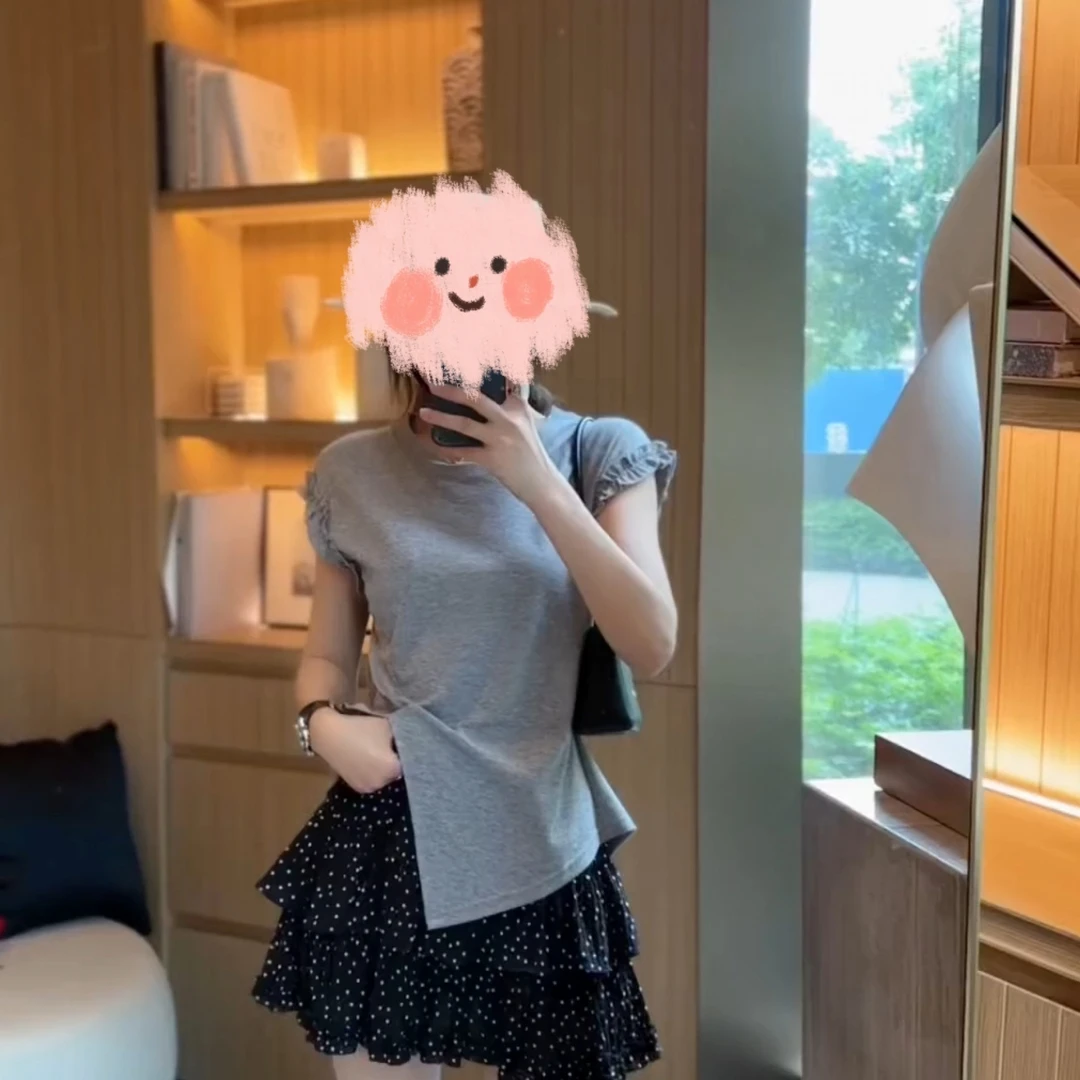 夏款修身设计款不规则绑带开叉花边上衣减龄波点蓬蓬裤裙两件套