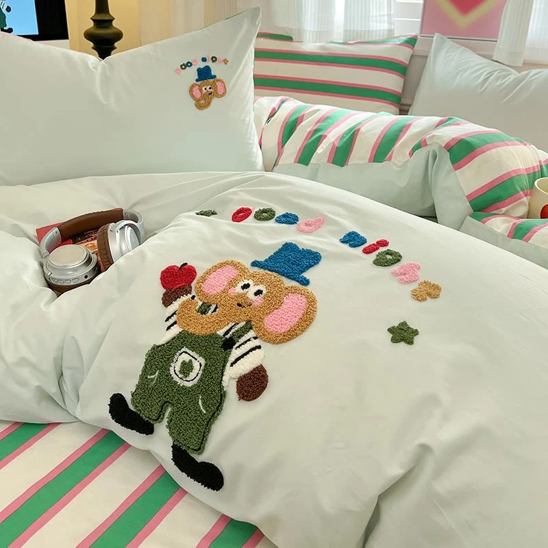 大象卡通毛巾绣全棉四件套纯棉被套床单床上用品宿舍上下铺三件套