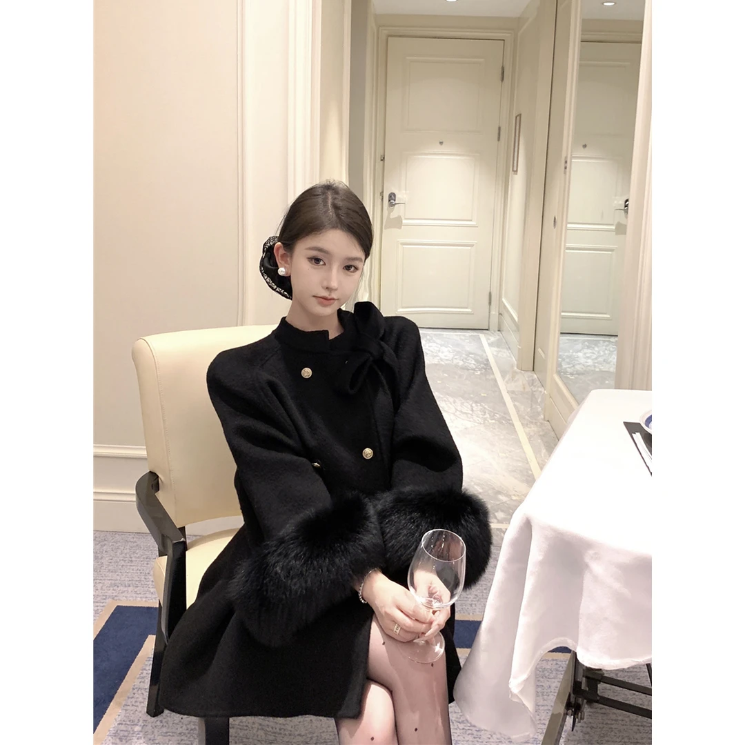 黑色小香风毛呢外套女富家千金名媛斗篷大衣中长款气质宽松慵懒风