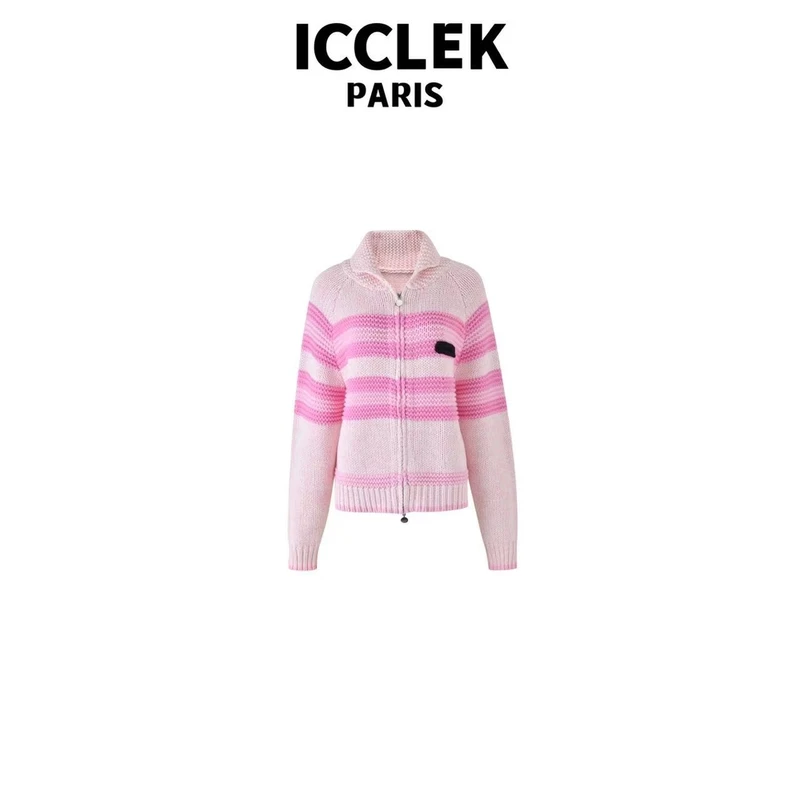 ICCLEK 粉色翻领拉链针织衫 长袖 灰色 名媛 -5140