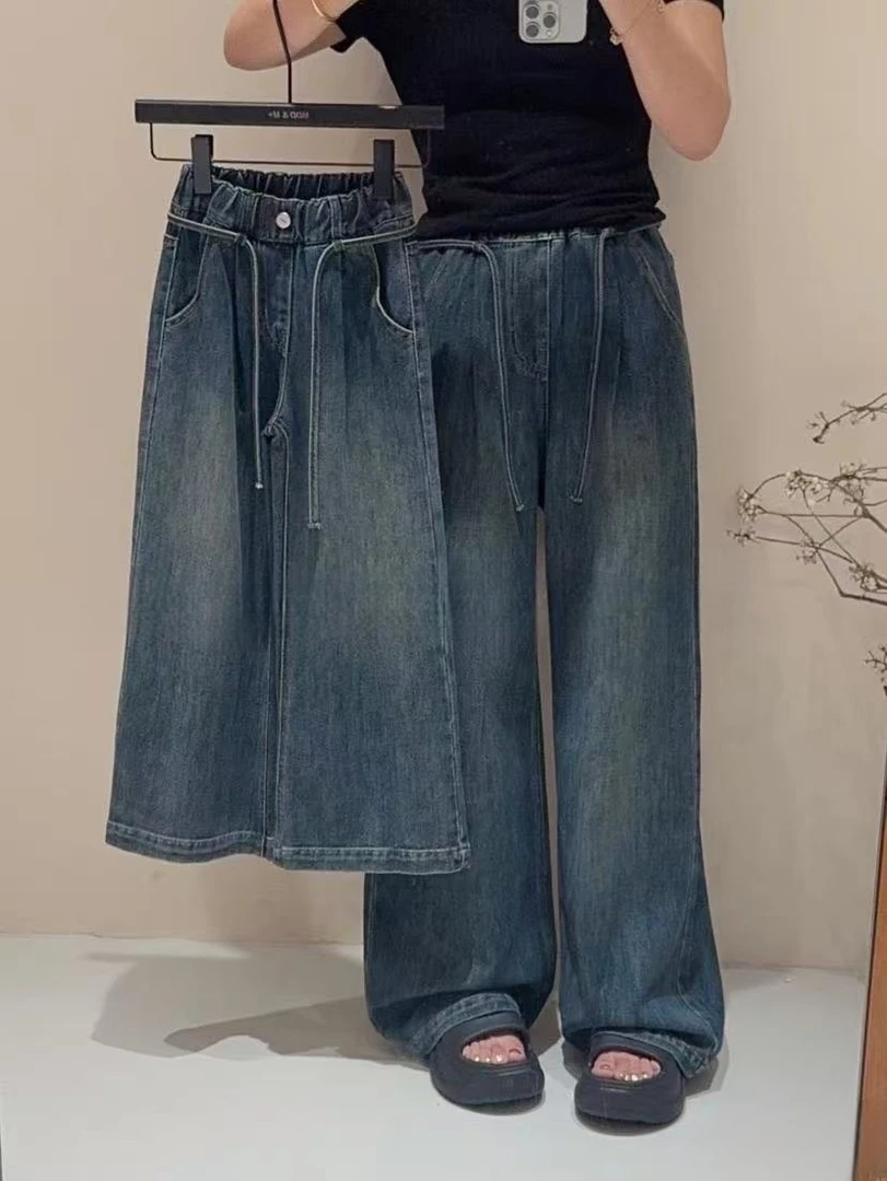 秋季新款女童洋气百搭阔腿牛仔裤中大童复古风长裤zb6044简约童品