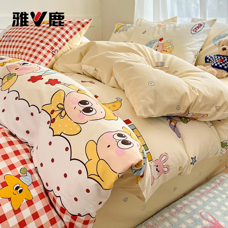 V/雅鹿卡通纯棉床上四件套新款全棉宿舍被套罩学生床单床笠三件套