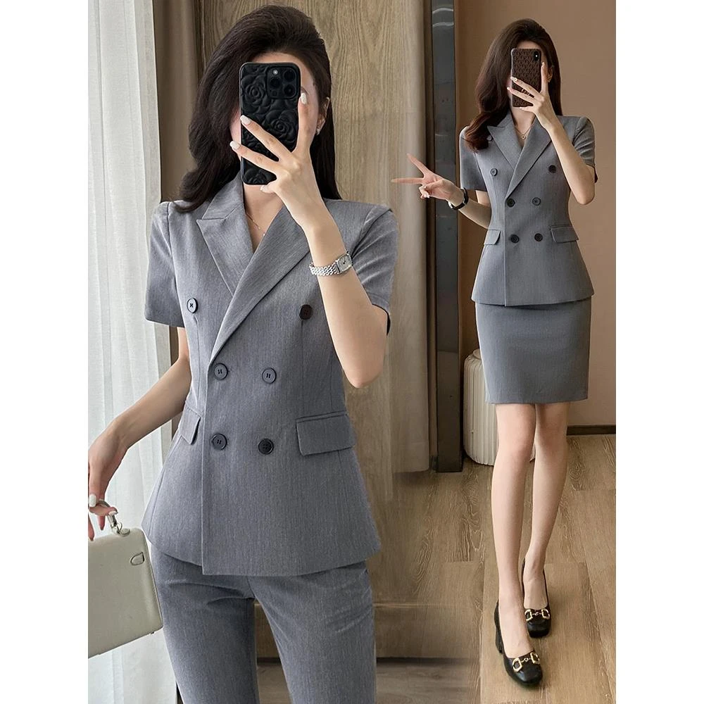 灰色短袖西装套装女夏季薄款2025新款职业洋气正装高级感西服外套