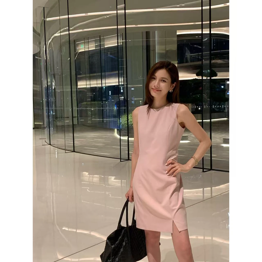 Mollyeeee霁色 不装嫩的粉轻熟优雅圆领无袖修身显线条气质连衣裙