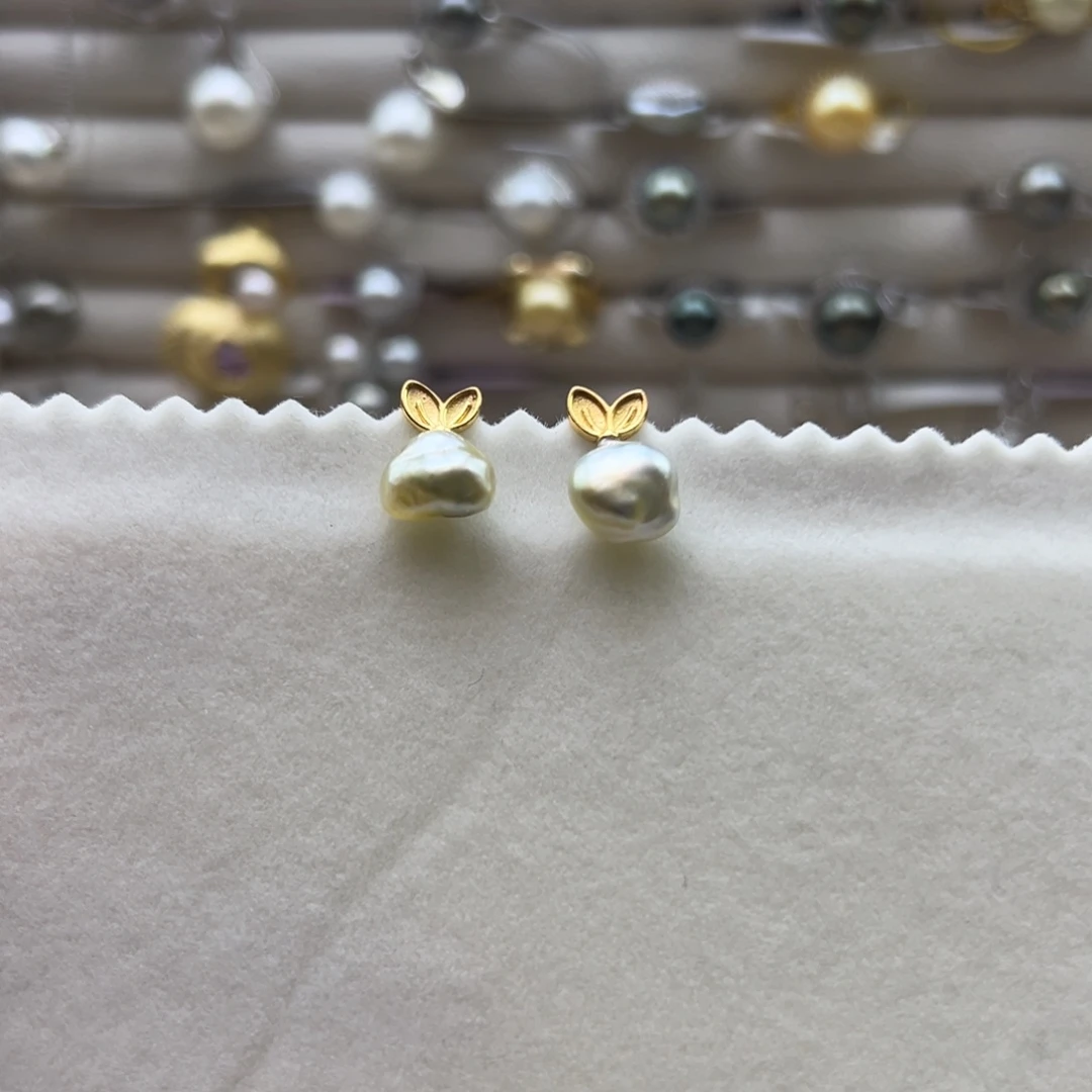 银S925镶嵌耳钉海水珍珠金珠keshi兔耳朵耳钉