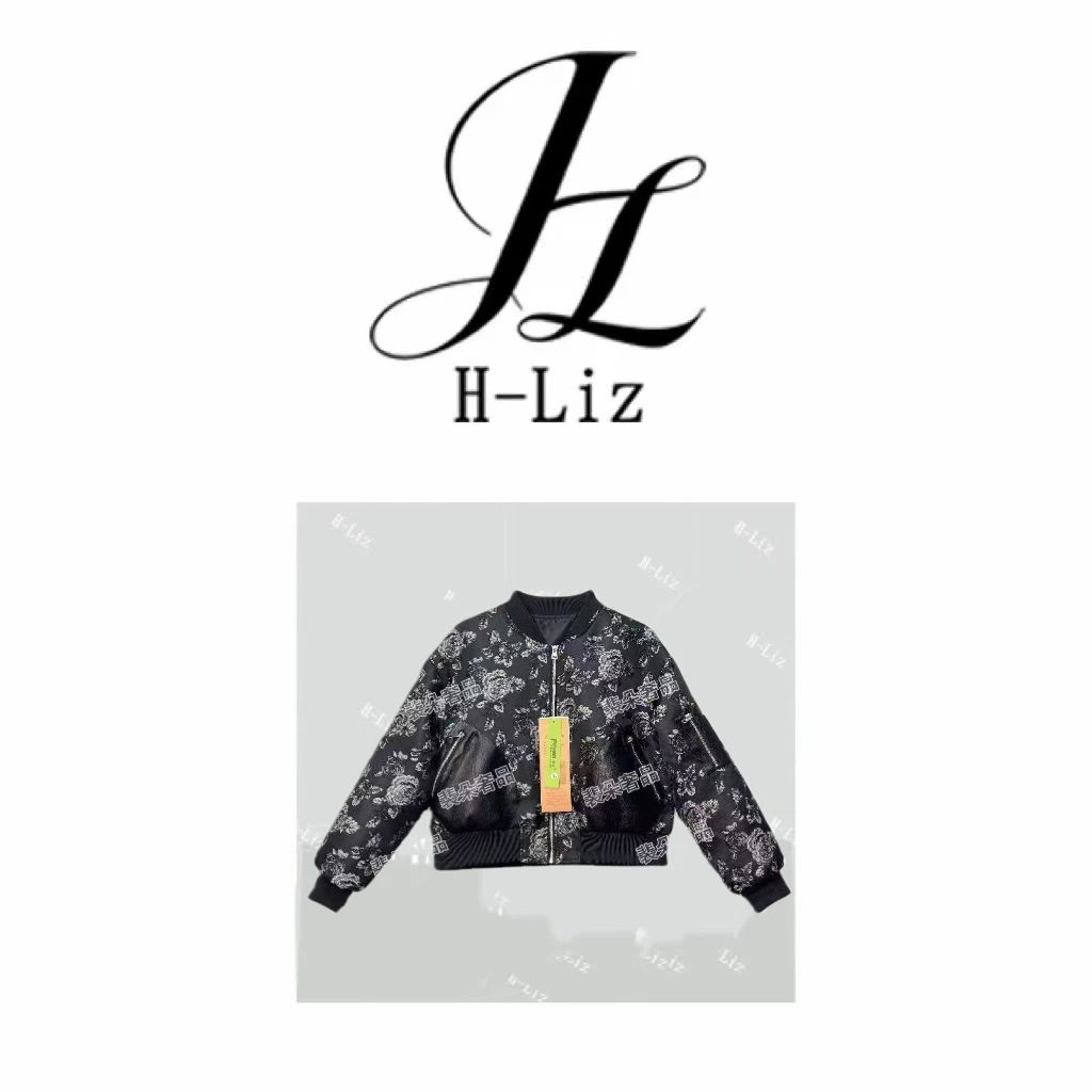 【H-Liz】Y818小牛皮黑色玫瑰刺绣夹克设计师外套女