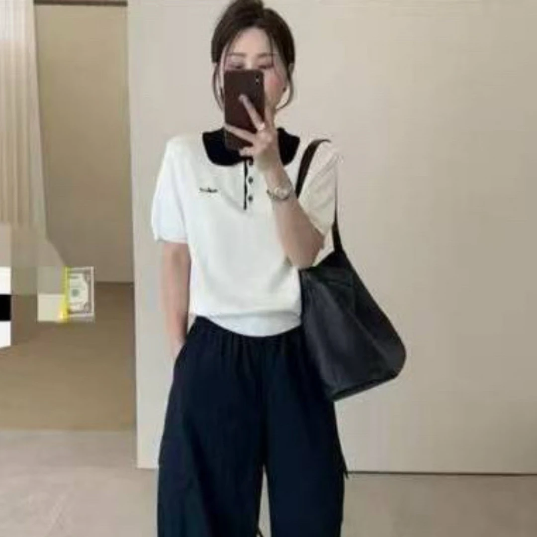 【海南肉丝】韩系复古Polo领时尚撞色针织衫