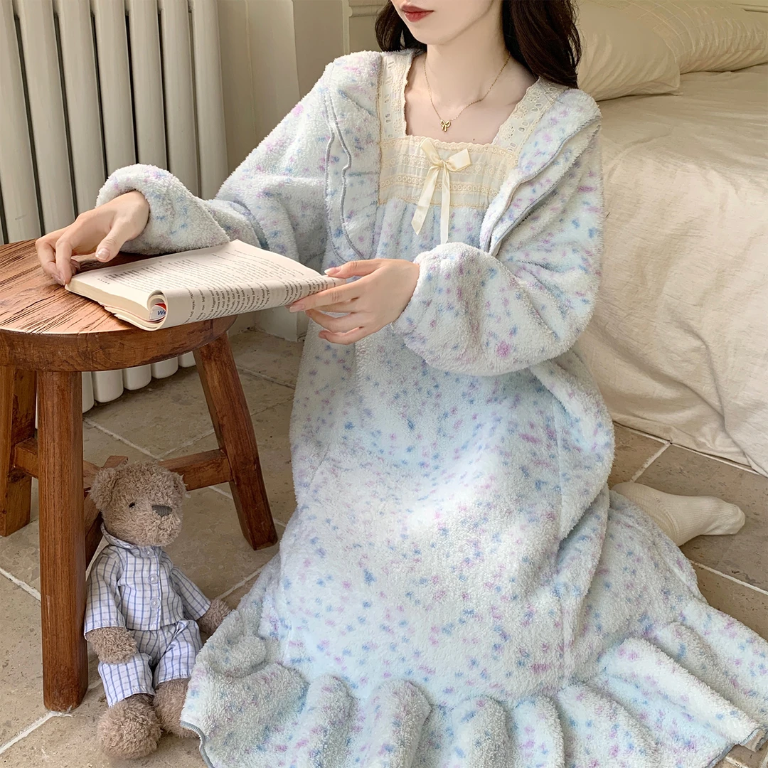 睡裙女秋冬季珊瑚绒睡衣大码加厚软绵绵仿半边绒蓝色可外穿家居服